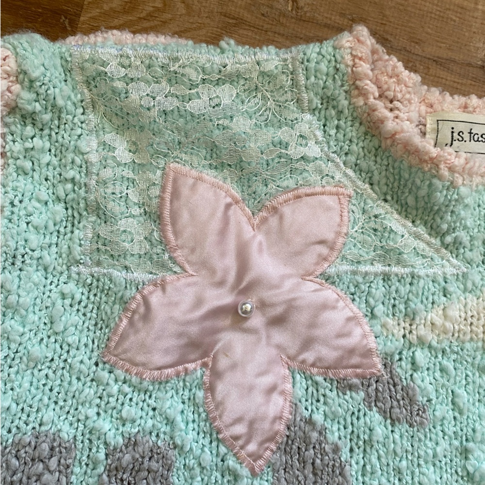 Vintage 80s 90s J.S. Fashion Pastel Chunky Knit Floral Sweater Medium Large - Picture 10 of 15